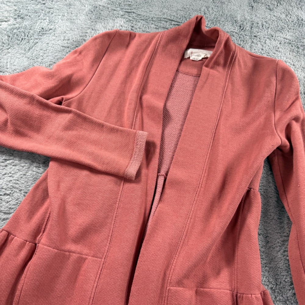 Anthropologie Tiered Ruffle Back Cardigan XS Rose Terracotta French Terry Wrap